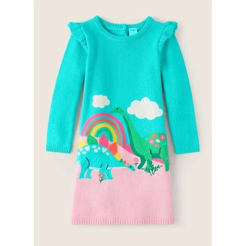 Gymboree Girls Dinosaur Long Sleeve Rainbow Blue Sweater‎ Dress Size 7 Cotton